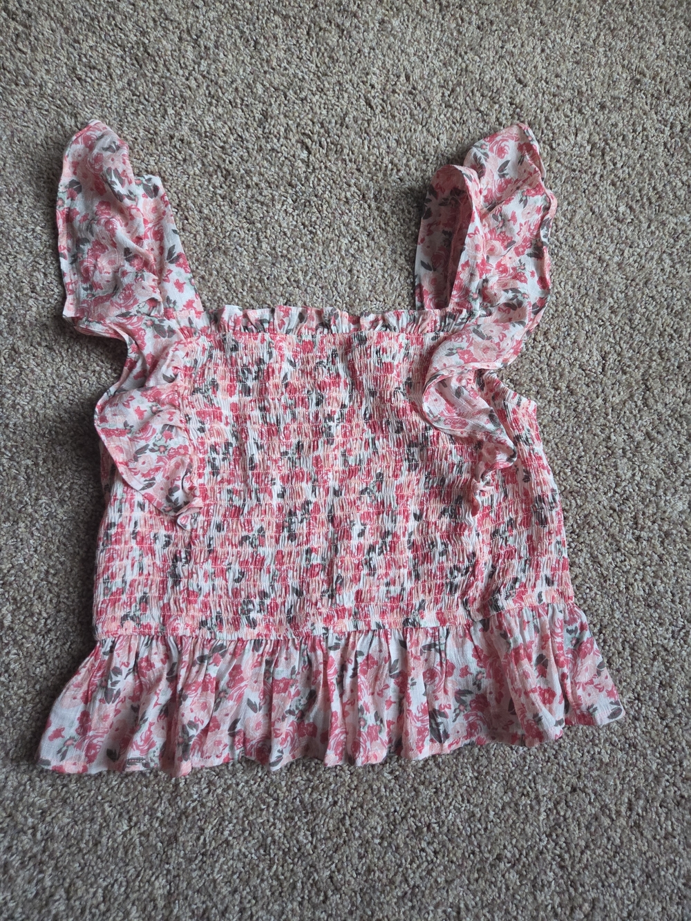 Lee Pink Floral Smocked Ruffle Crop Top